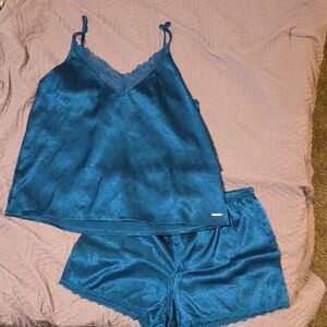 BCBGMaxAzria Teal Satin Pajama Set with Lace Trim